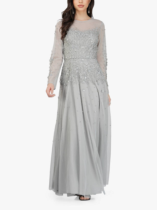 Lace & Beads Luciene Long Sleeve Embellished Maxi Dress, Grey
