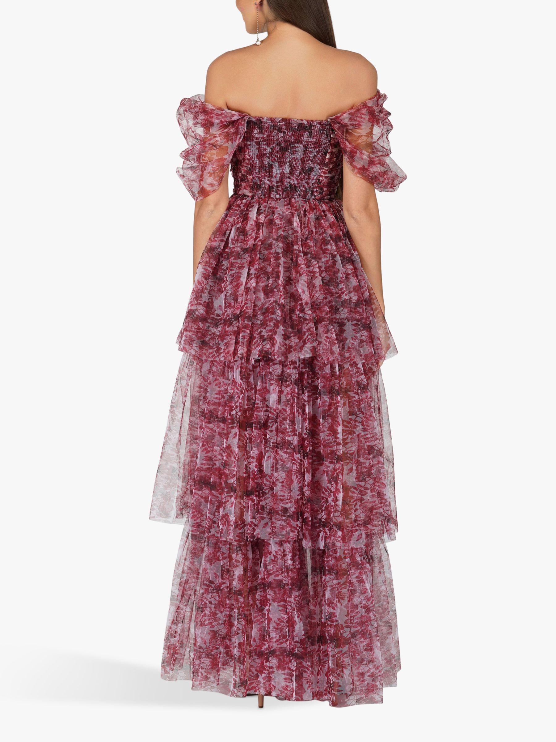 Buy Lace & Beads Sydney Tulle Tiered Maxi Dress, Burgundy Print Online at johnlewis.com