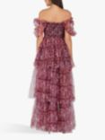 Lace & Beads Sydney Tulle Tiered Maxi Dress, Burgundy Print