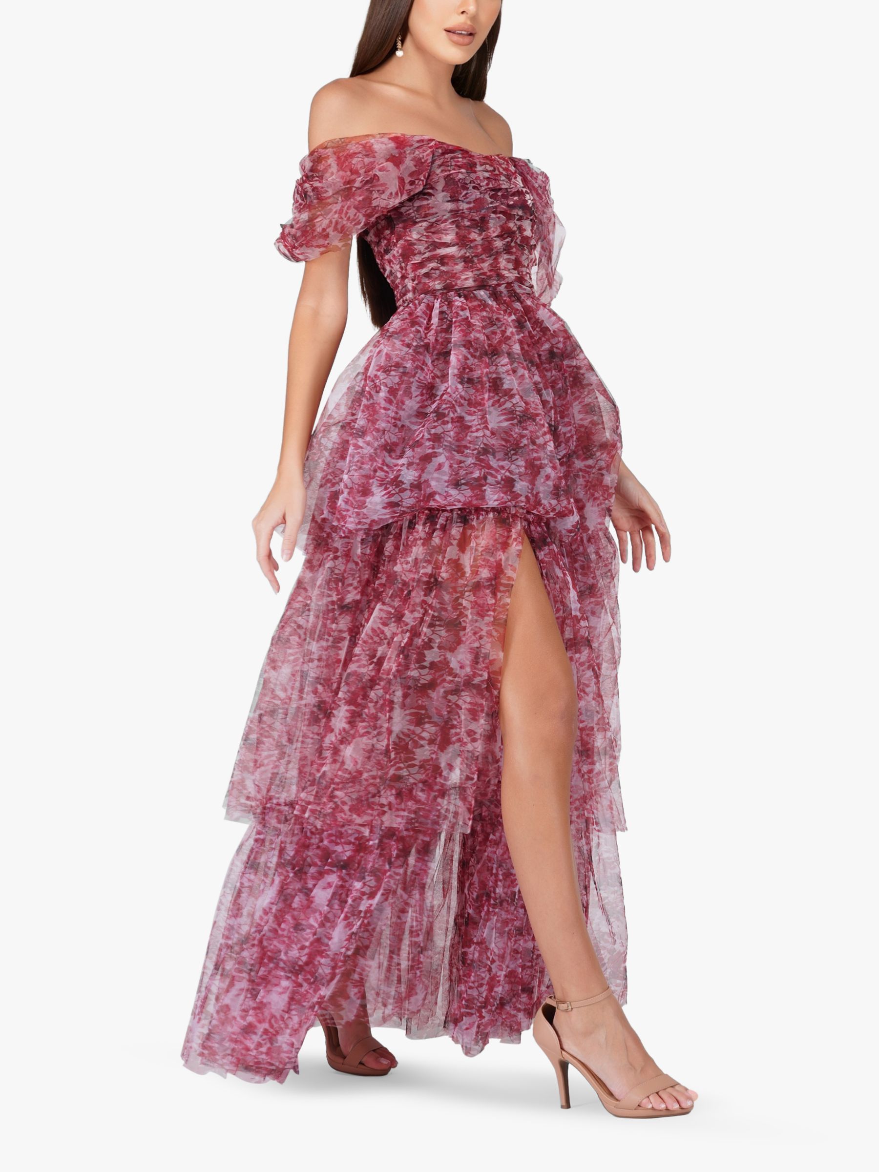 Buy Lace & Beads Sydney Tulle Tiered Maxi Dress, Burgundy Print Online at johnlewis.com