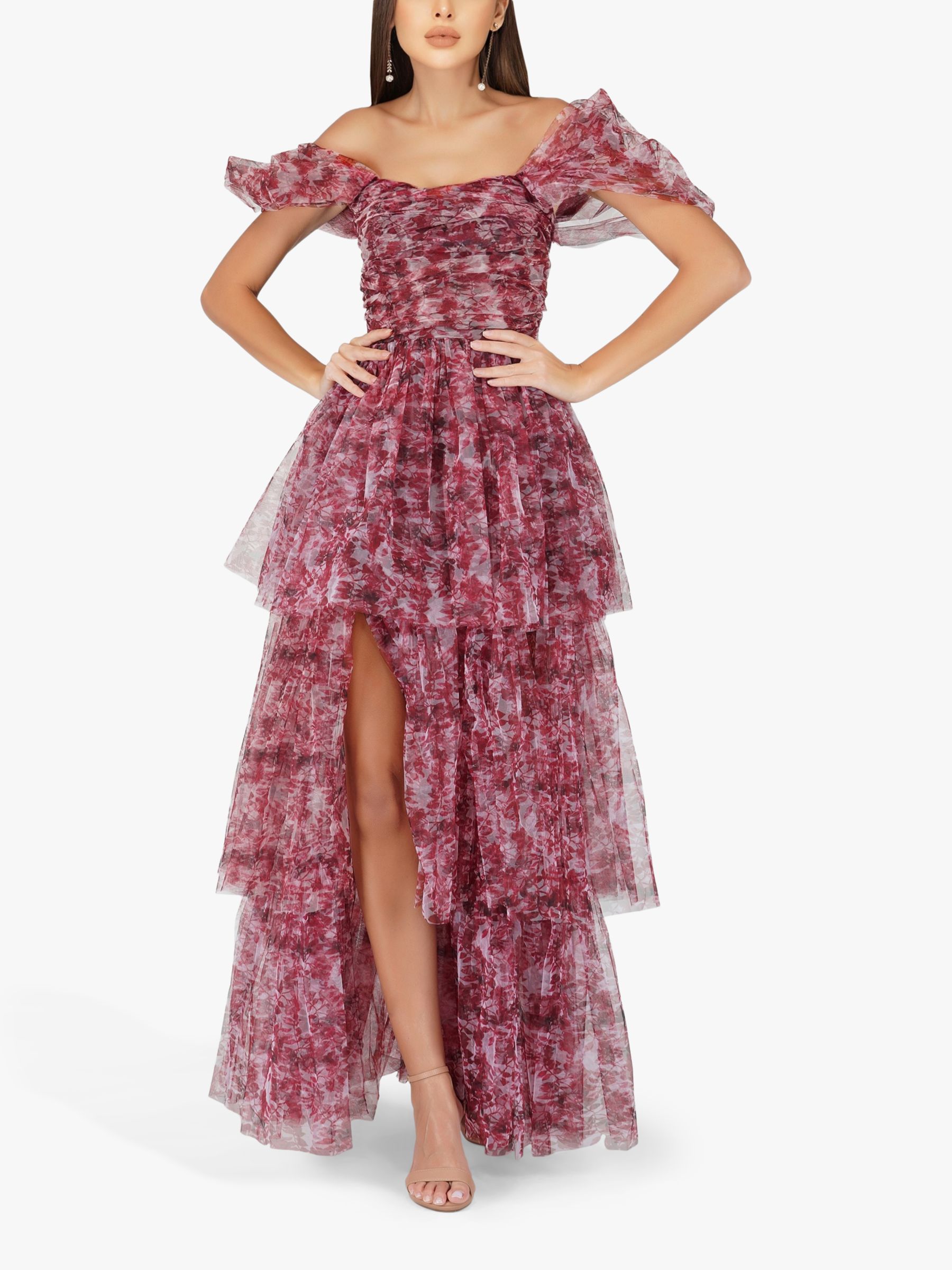 Lace & Beads Sydney Tulle Tiered Maxi Dress, Burgundy Print at John ...