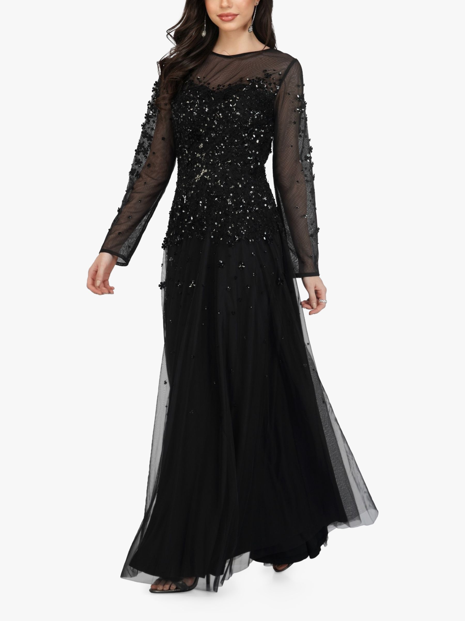 Lace Beads Luciene Long Sleeve Embellished Maxi Dress Black at