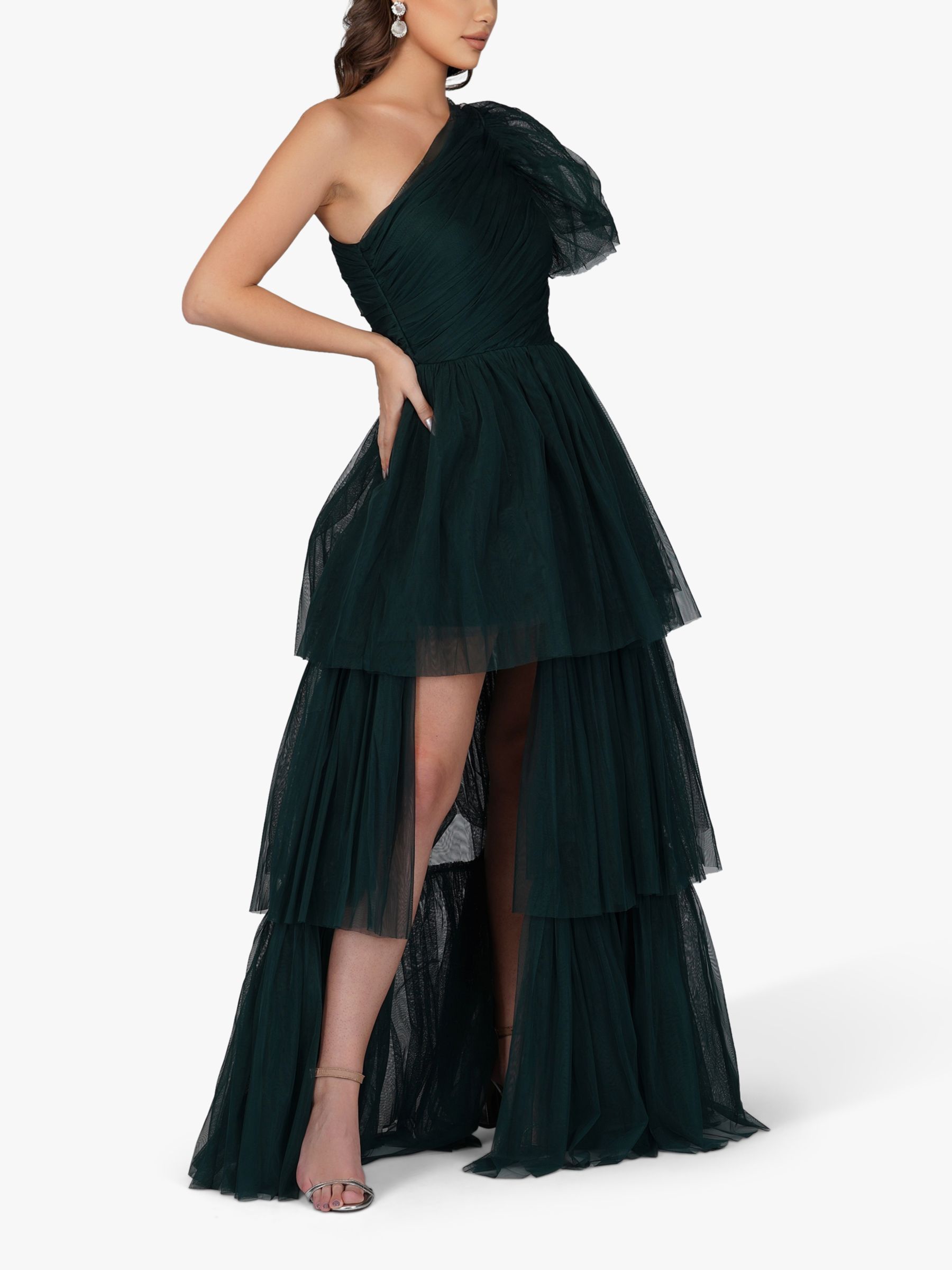 Lace & Beads Rowena One Shoulder Tulle Maxi Dress, Emerald Green at ...
