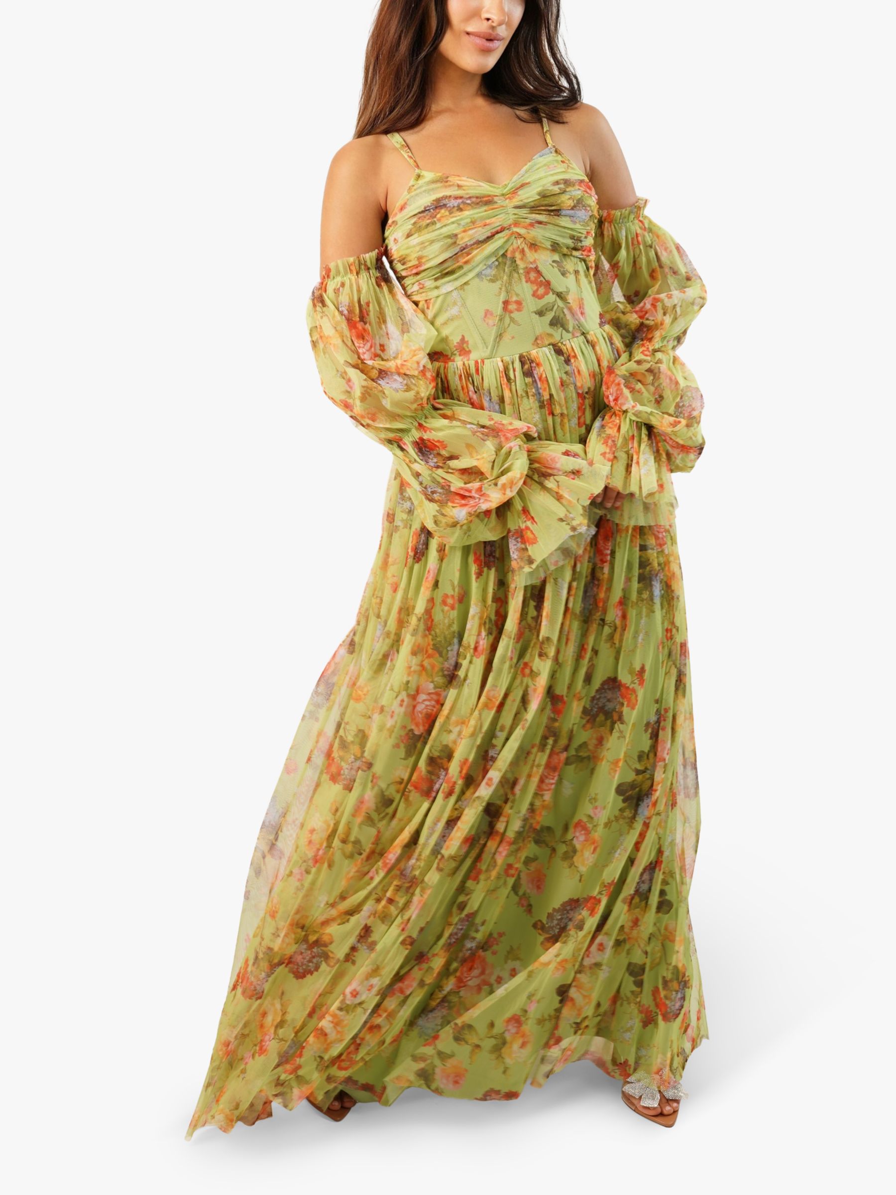 Lace & Beads Saylor Cold Shoulder Floral Maxi Dress, Green, 6