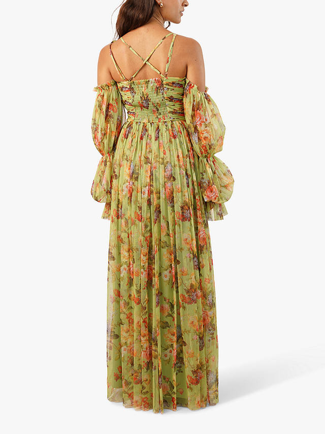 Lace & Beads Saylor Cold Shoulder Floral Maxi Dress, Green