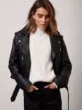 Mint Velvet Leather Biker Jacket, Black, Black