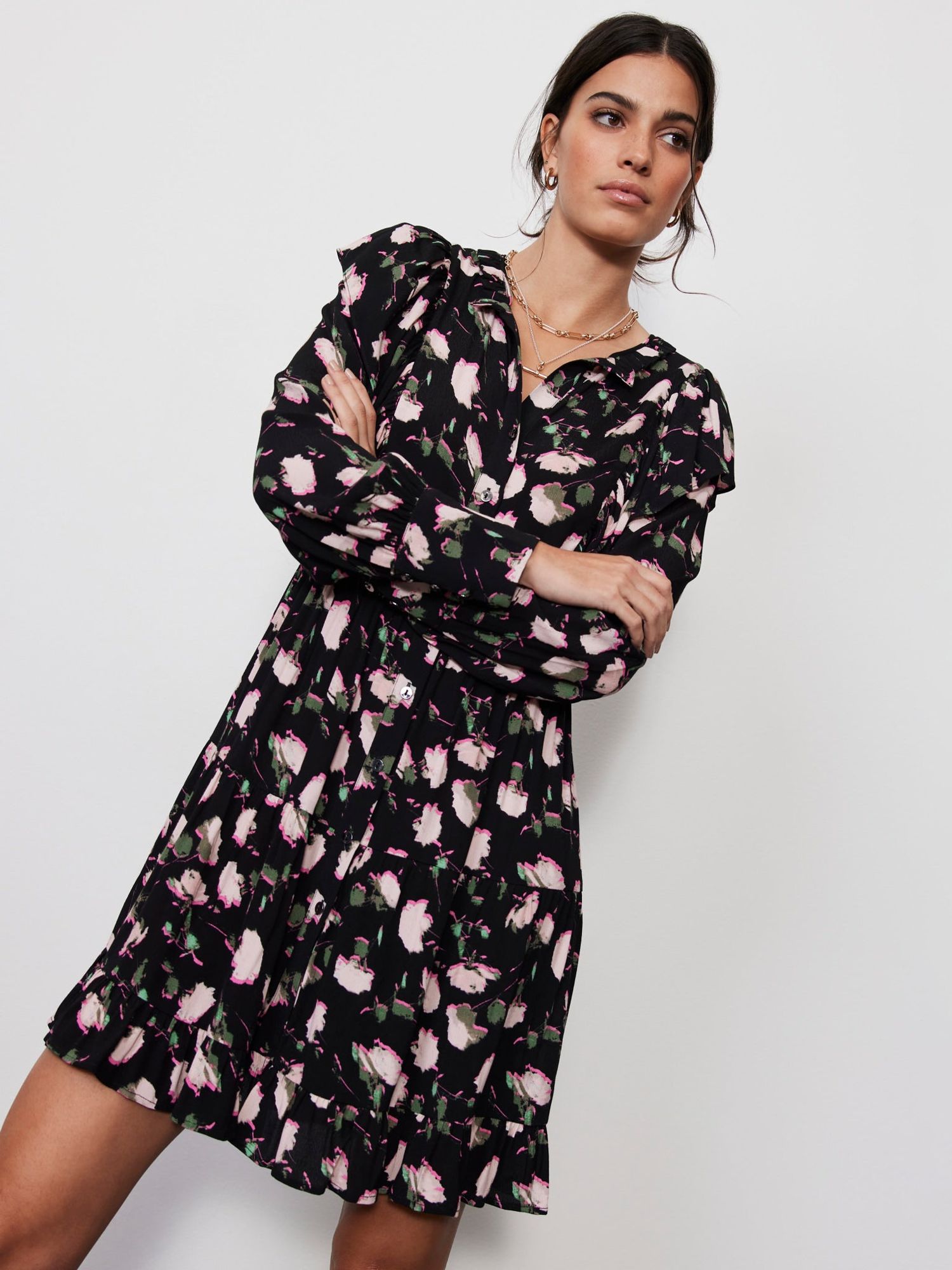 Mint Velvet Floral Shirt Mini Dress, Black at John Lewis & Partners
