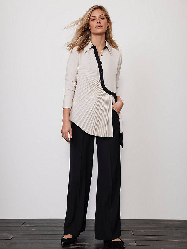 Mint Velvet Asymmetric Pleated Shirt, Cream/Black