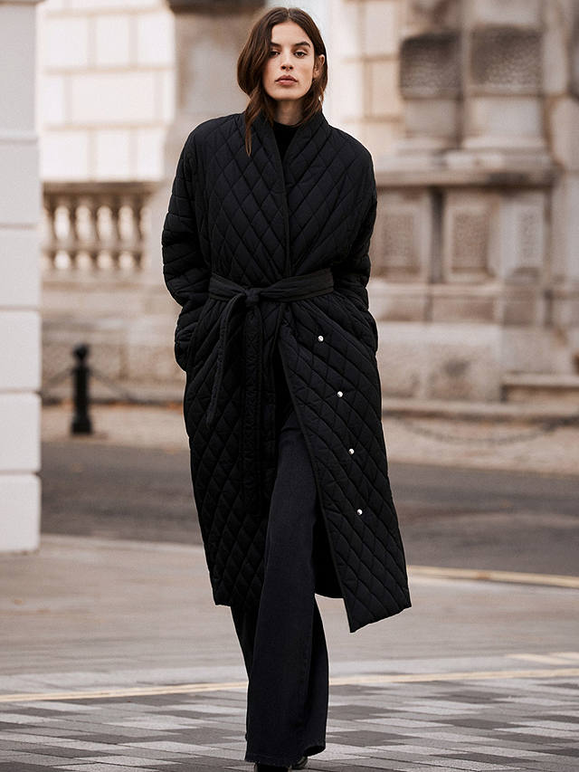 Mint Velvet Quilted Belted Long Wrap Coat, Black