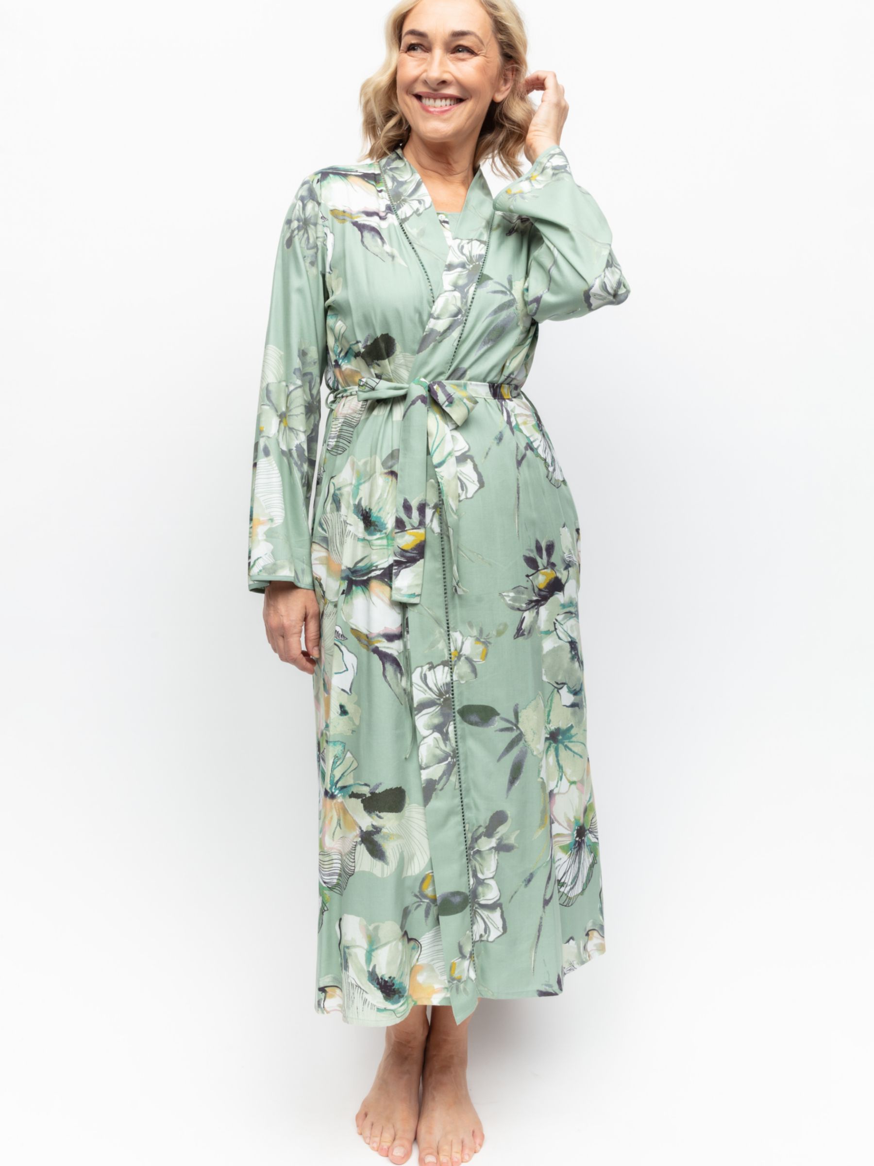 Cyberjammies Julia Floral Print Long Dressing Gown, Sage Green/Multi at ...