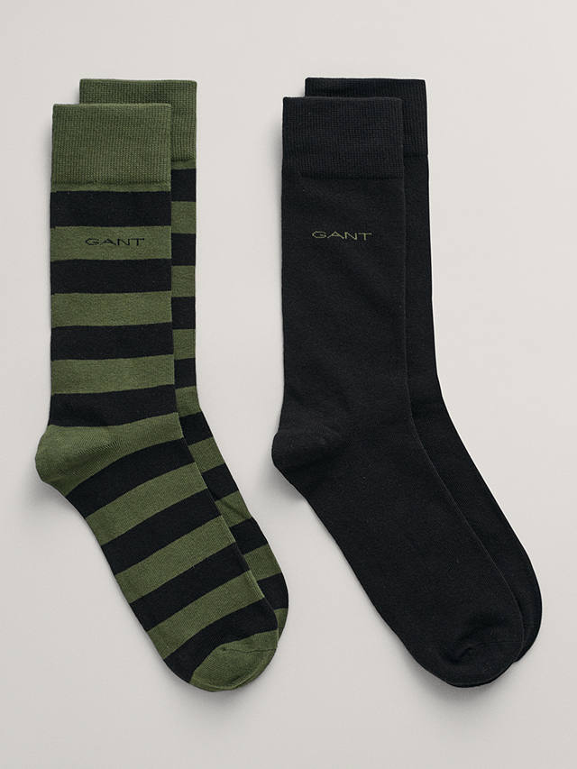 GANT Plain and Stripe Ankle Socks, Pack of 2, Pine Green/Black