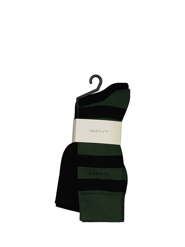 GANT Plain and Stripe Ankle Socks, Pack of 2, Pine Green/Black