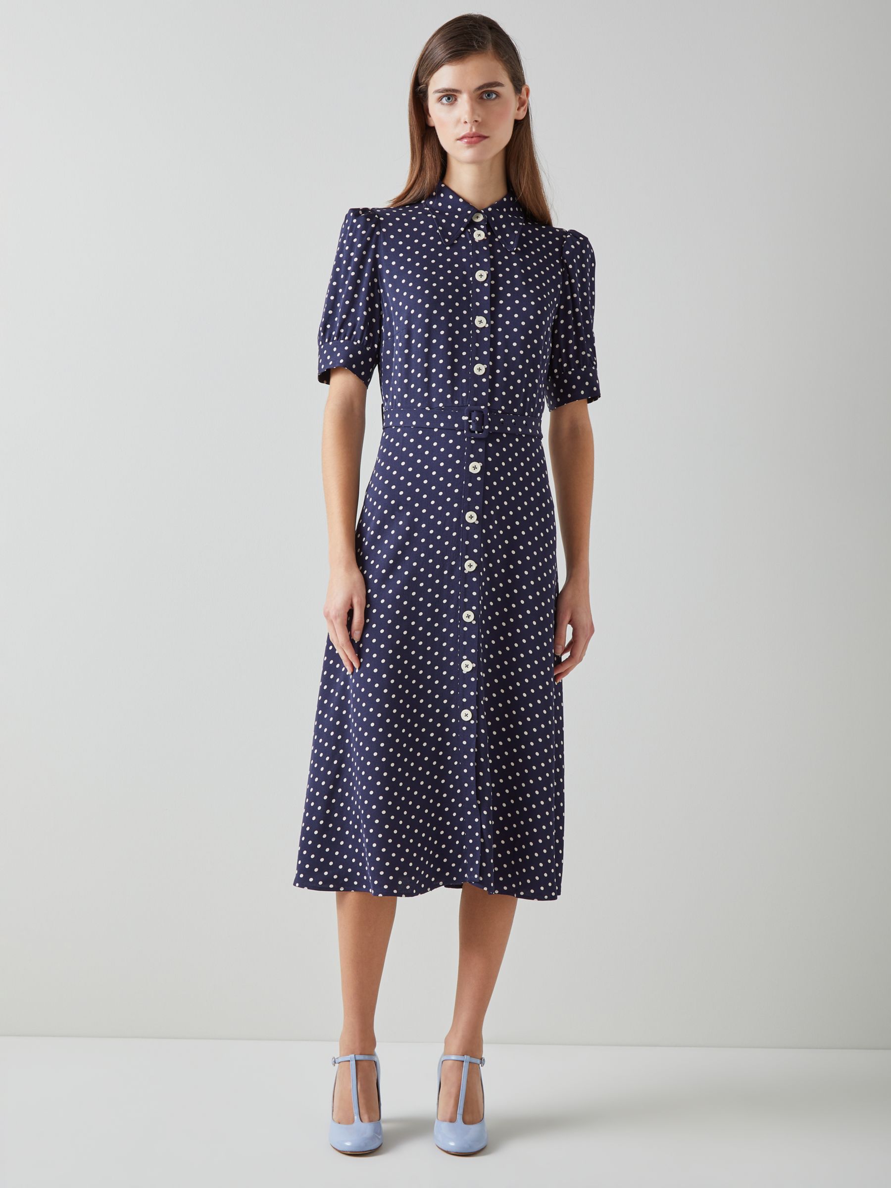 L.K.Bennett Valerie Spot Print Shirt Midi Dress, Navy/Cream, 12