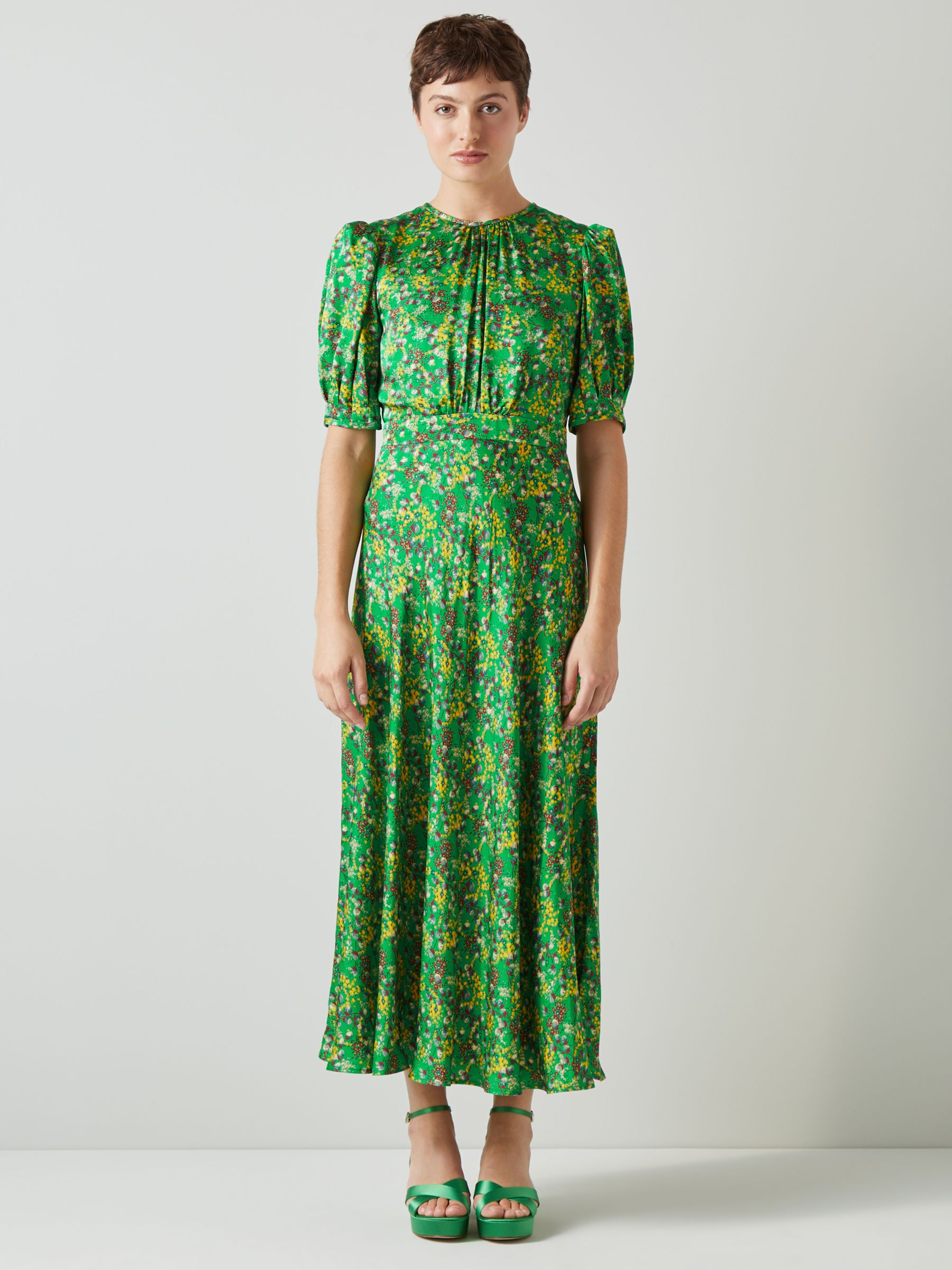 L.K.Bennett Luna Floral Print Satin Midi Dress, Green/Multi, 10