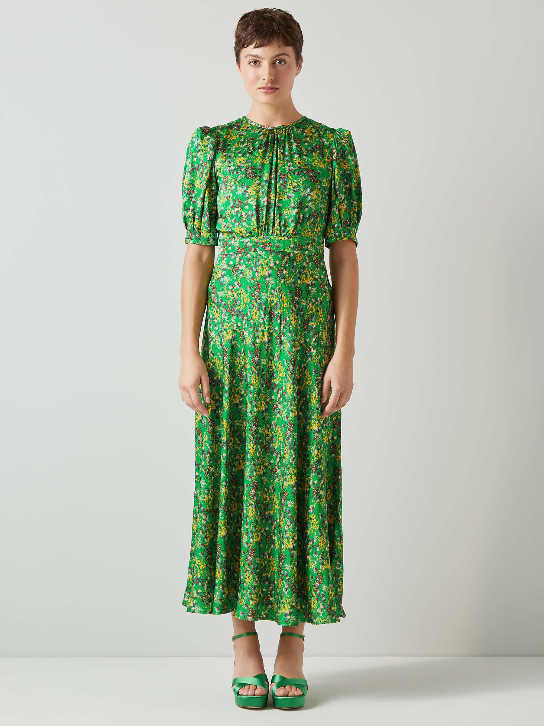 Buy L.K.Bennett Luna Floral Print Satin Midi Dress, Green/Multi Online at johnlewis.com