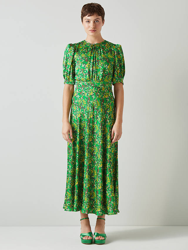 L.K.Bennett Luna Floral Print Satin Midi Dress, Green/Multi