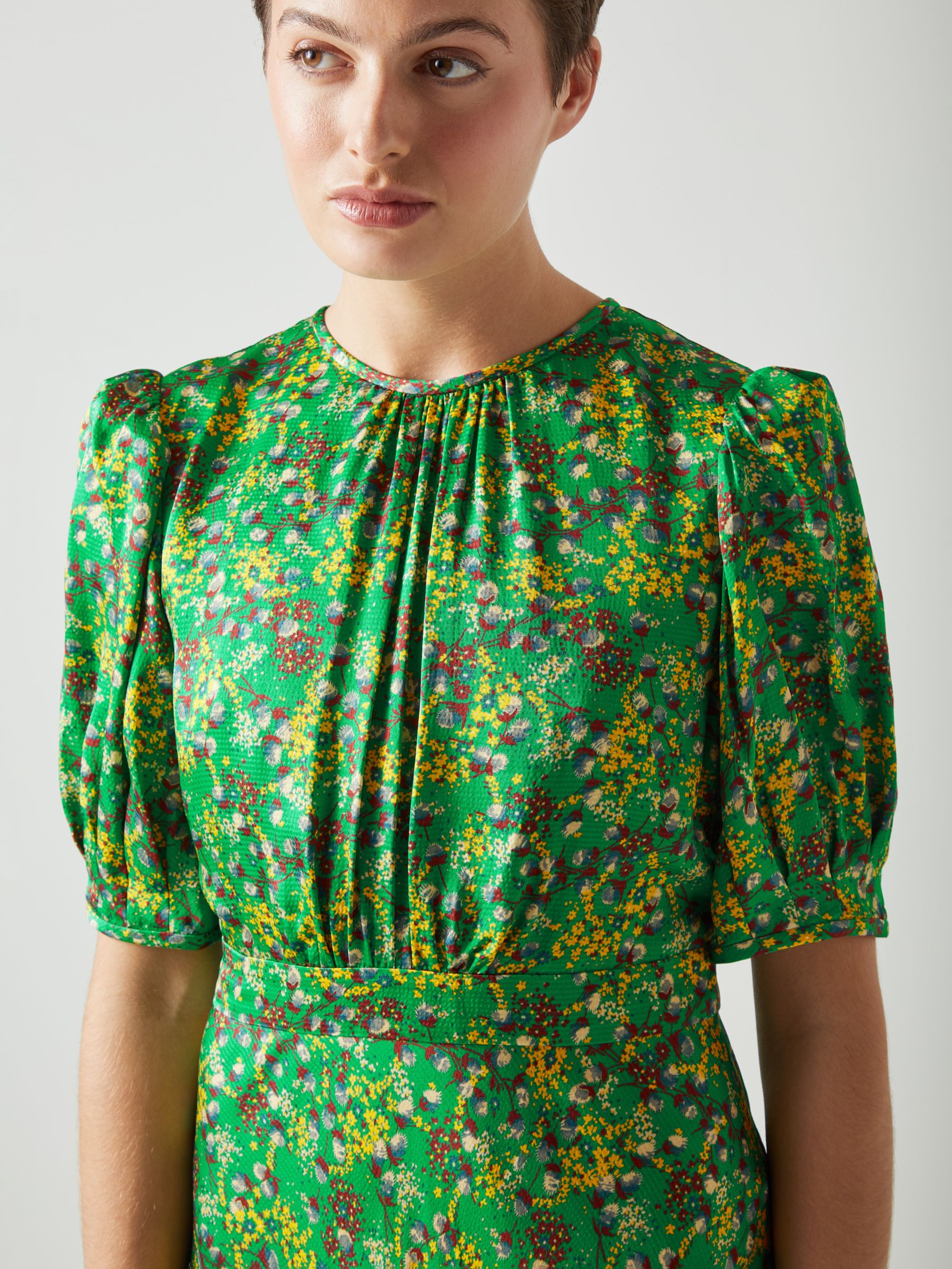 L.K.Bennett Luna Floral Print Satin Midi Dress, Green/Multi, 10