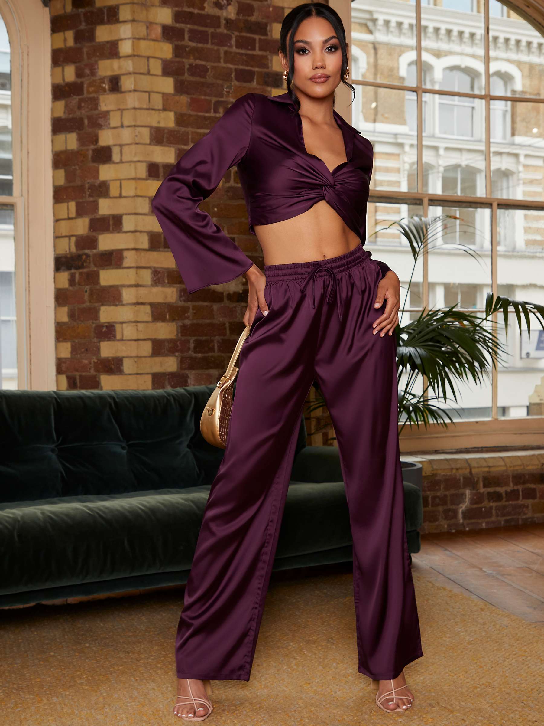 Buy Chi Chi London Plain Satin Wide Leg Trousers, Purple Online at johnlewis.com