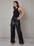 Chi Chi London Faux Leather Wide Leg Trousers, Black
