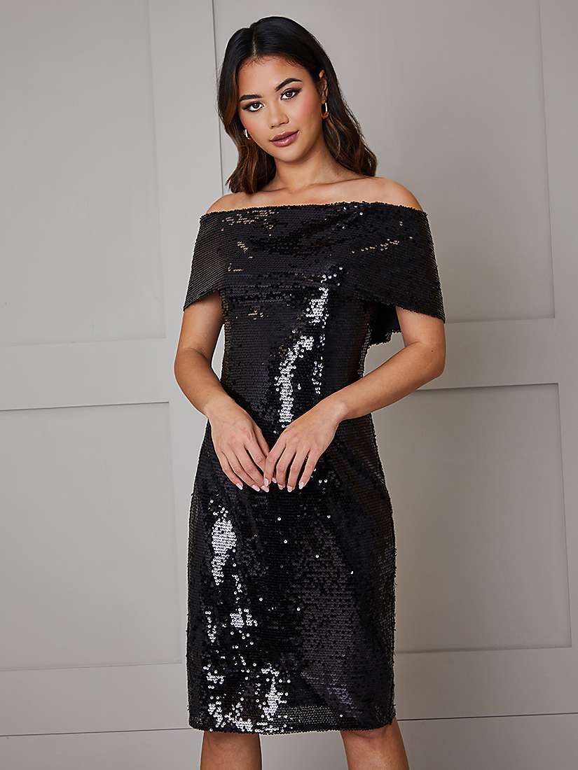 Buy Chi Chi London Sequin Bardot Dress, Black Online at johnlewis.com