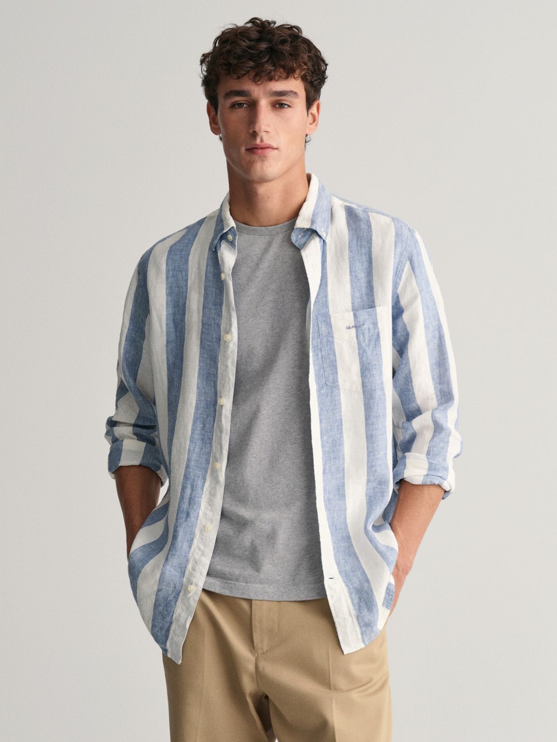 GANT Striped Linen Long Sleeve Shirt, Blue/White, S