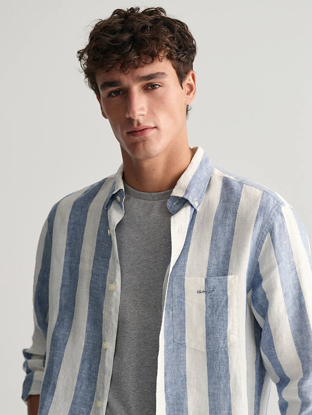 GANT Striped Linen Long Sleeve Shirt, Blue/White