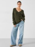 HUSH Carinda Wool Blend V Neck Knitted Jumper, Dark Olive Green