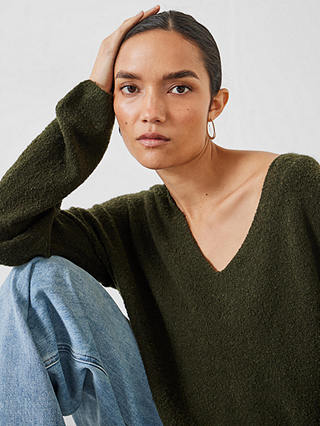 HUSH Carinda Wool Blend V Neck Knitted Jumper, Dark Olive Green