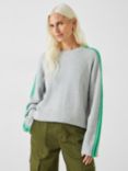 HUSH Coolah Multi Stripe Sleeve Knitted Jumper, Grey Marl/Green, Grey Marl/Green