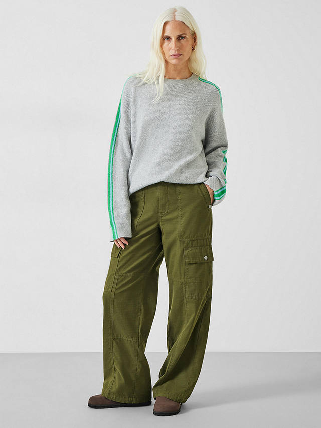 HUSH Coolah Multi Stripe Sleeve Knitted Jumper, Grey Marl/Green