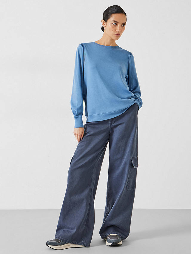 HUSH Emily Puff Sleeve Cotton Jersey Top, Dusty Blue at John Lewis ...