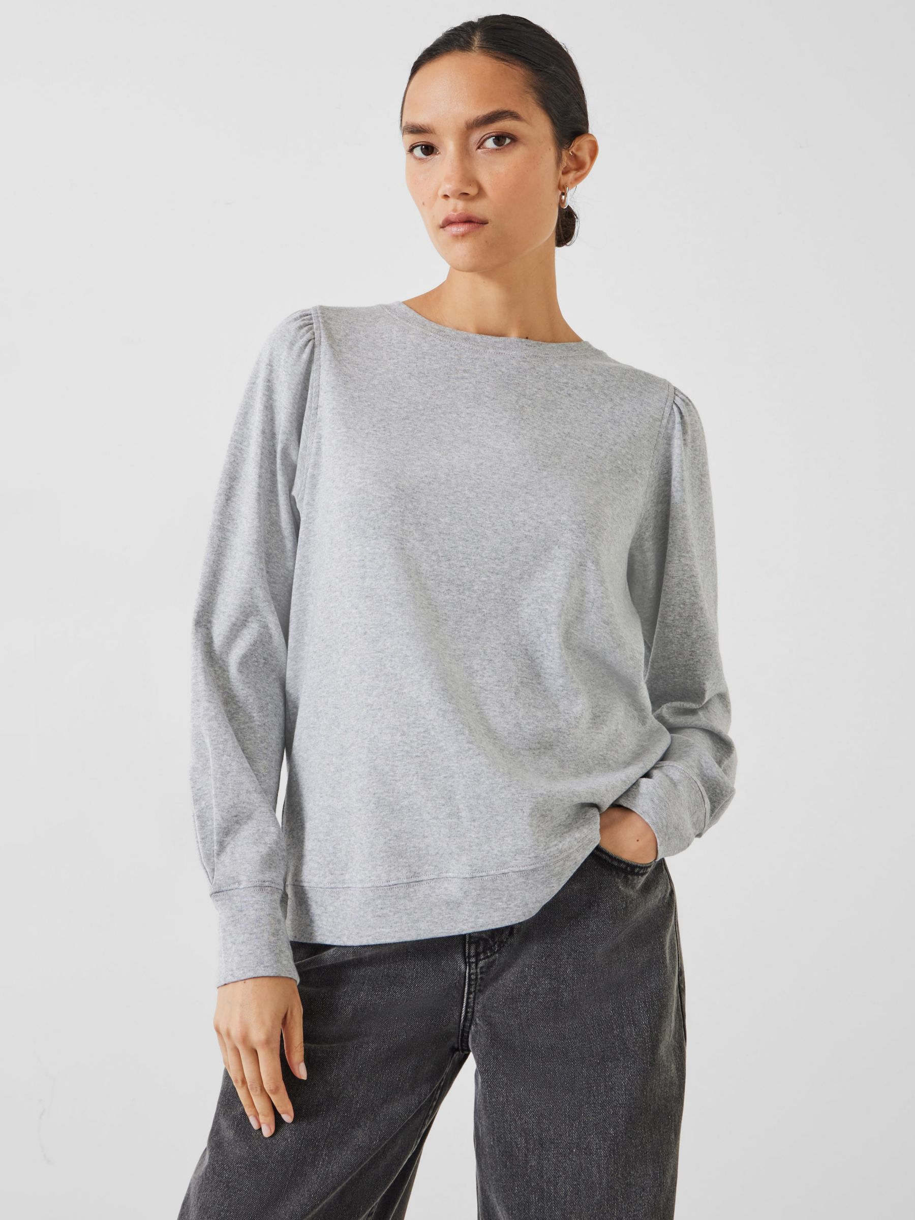 HUSH Emily Puff Sleeve Cotton Jersey Top, Grey Marl, S