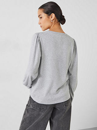 HUSH Emily Puff Sleeve Cotton Jersey Top, Grey Marl