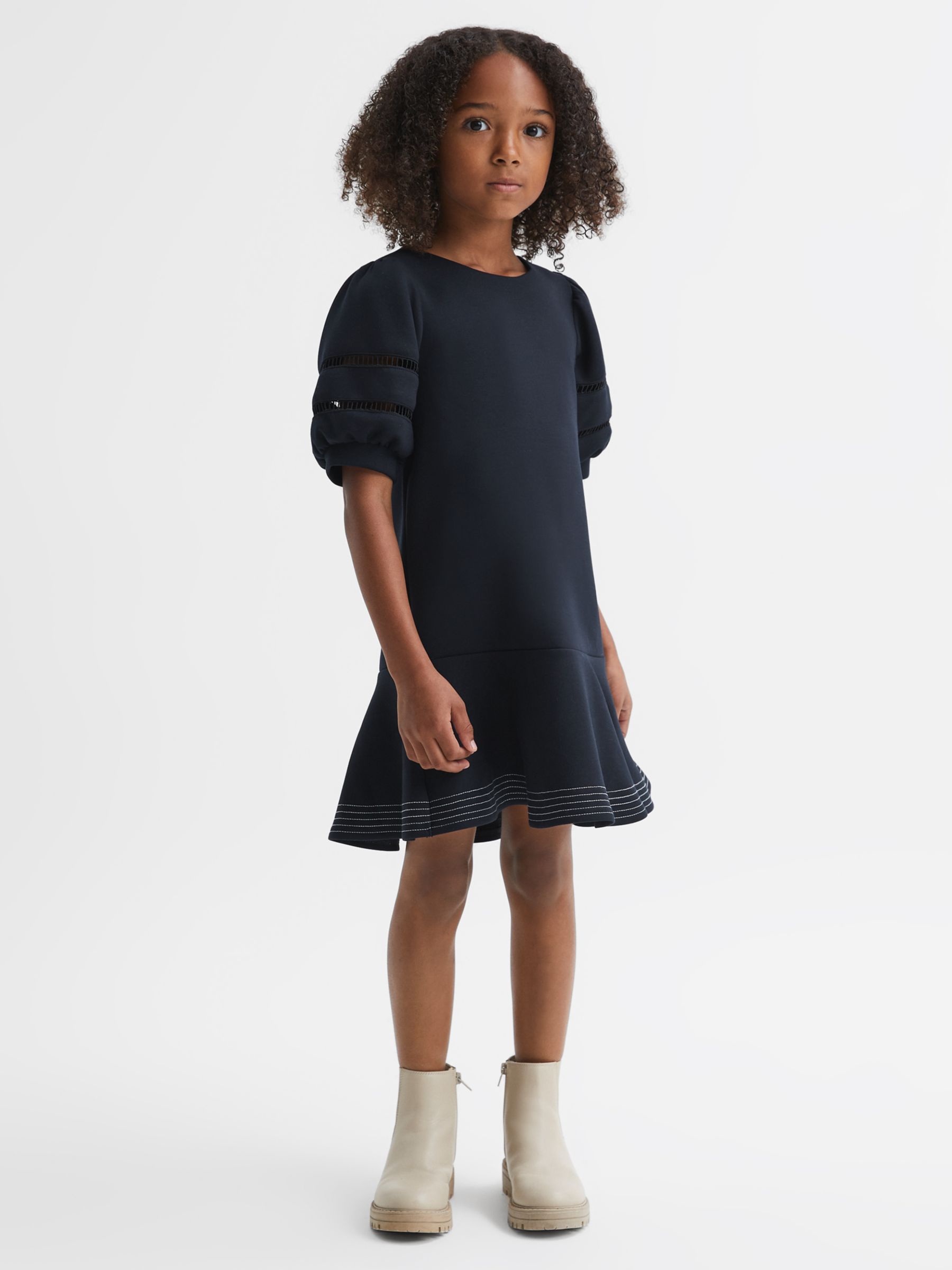 Reiss Kids' Clea Jersey Puff Sleeve Mini Dress, Navy, 7-8 years