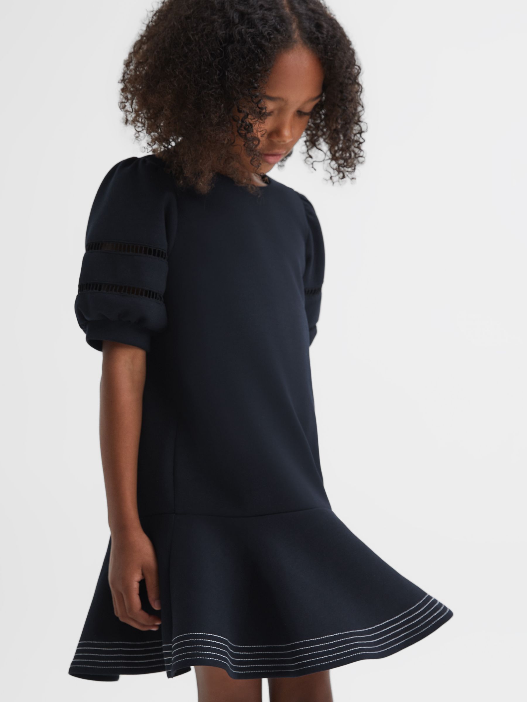 Reiss Kids' Clea Jersey Puff Sleeve Mini Dress, Navy, 7-8 years