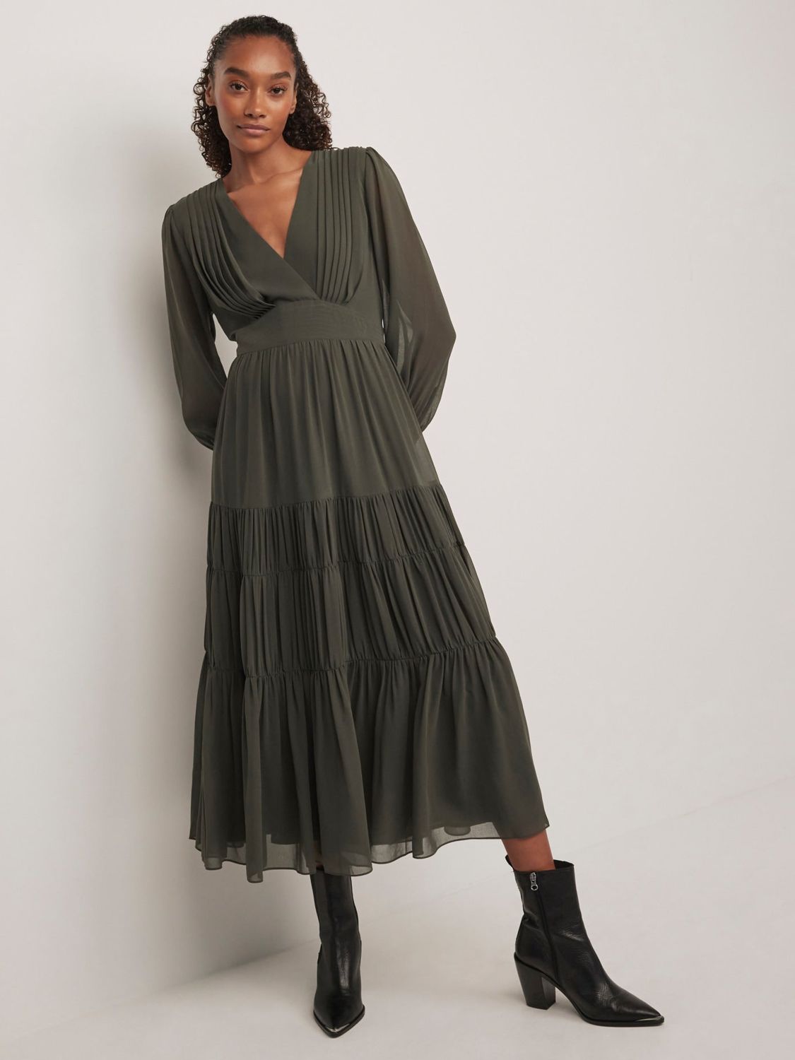 Mint Velvet Pleated Tiered Maxi Dress, Khaki at John Lewis & Partners