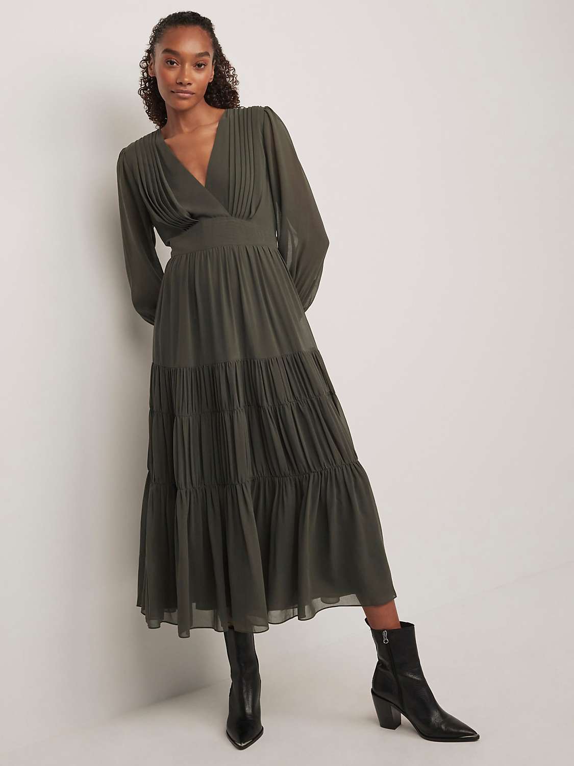 Buy Mint Velvet Pleated Tiered Maxi Dress, Khaki Online at johnlewis.com