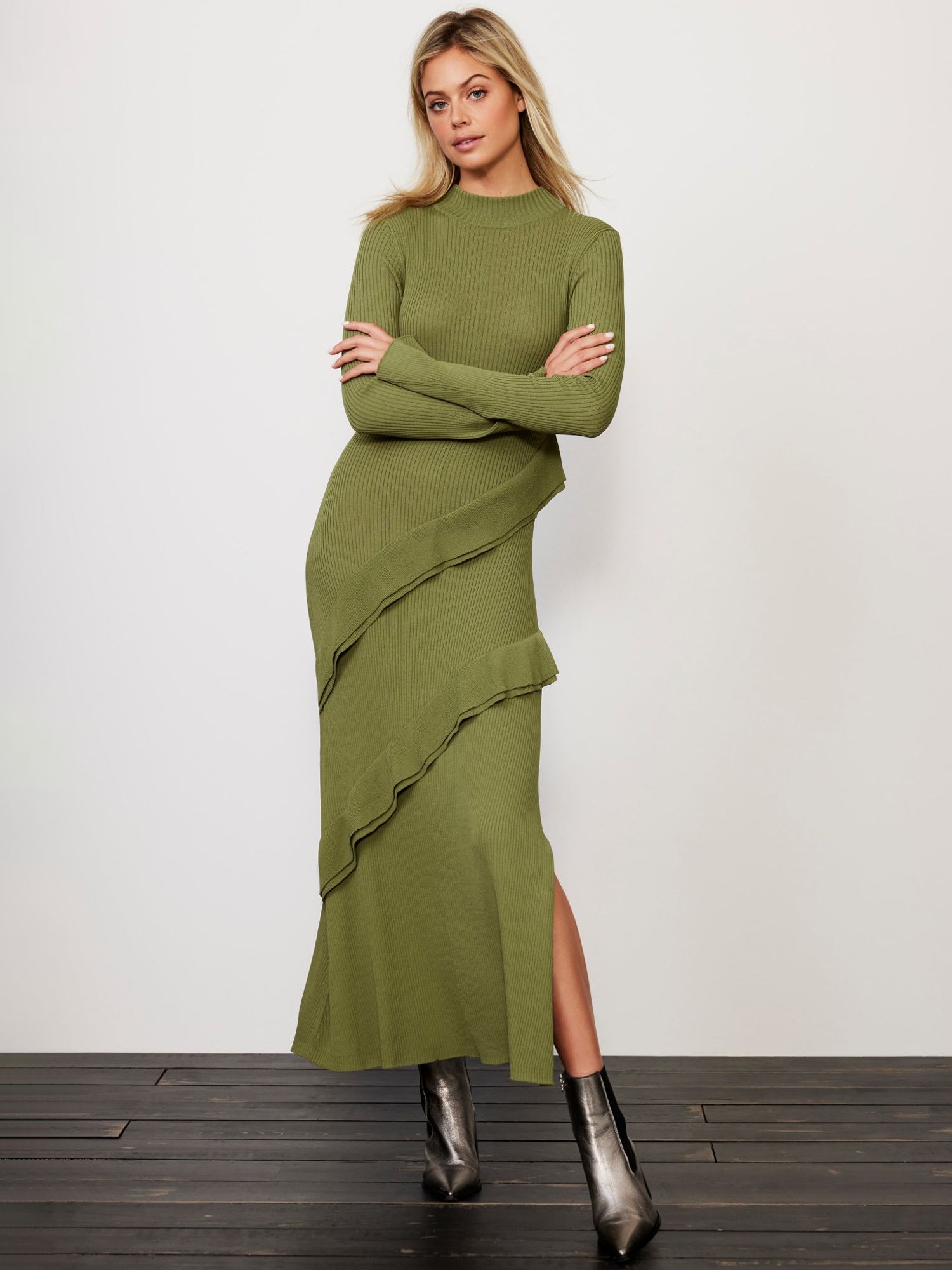 Buy Mint Velvet Ribbed Ruffle Maxi Dress, Green Online at johnlewis.com