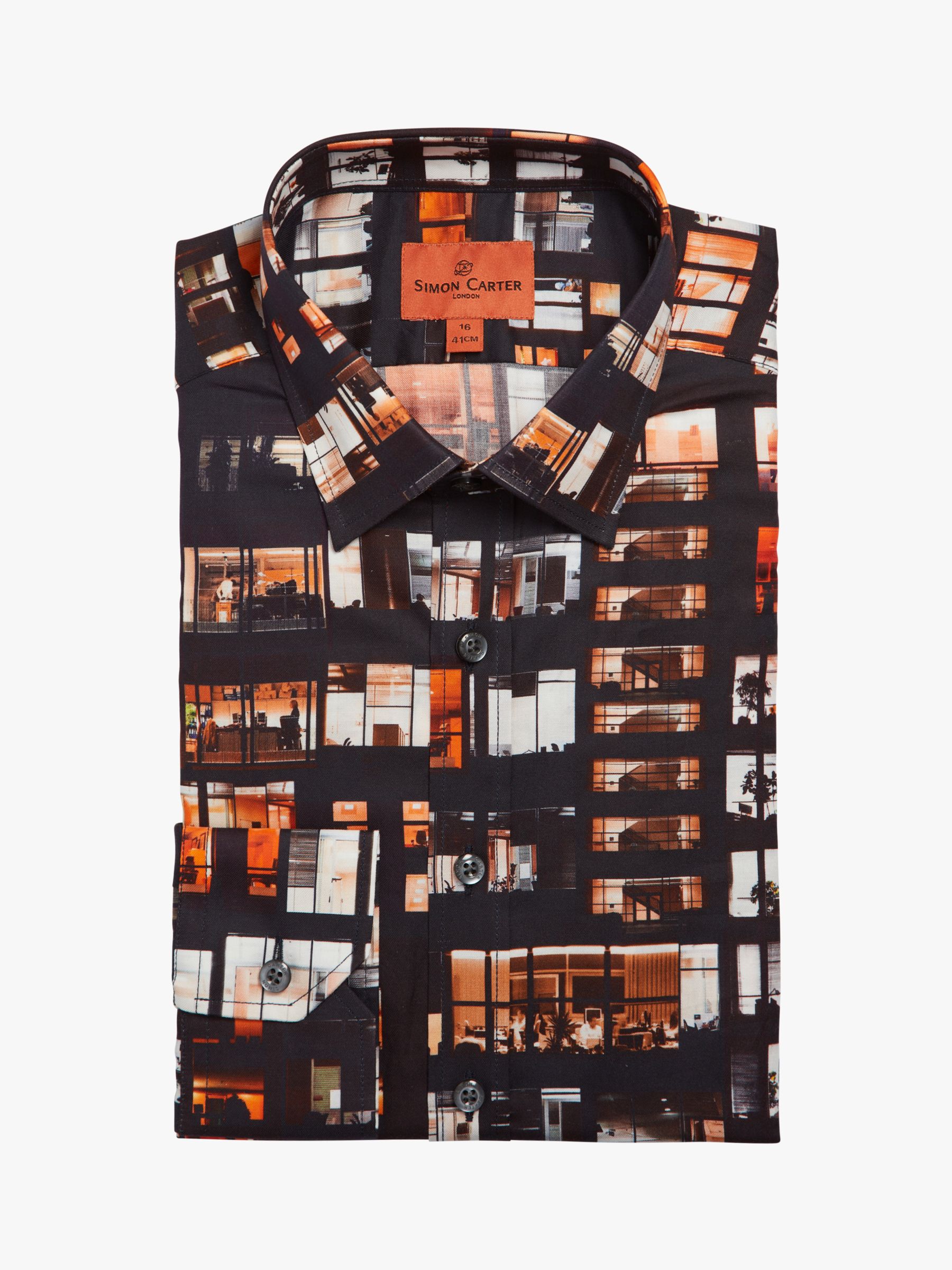 Buy Simon Carter Office Window Print Long Sleeve Shirt, Orange/Black Online at johnlewis.com