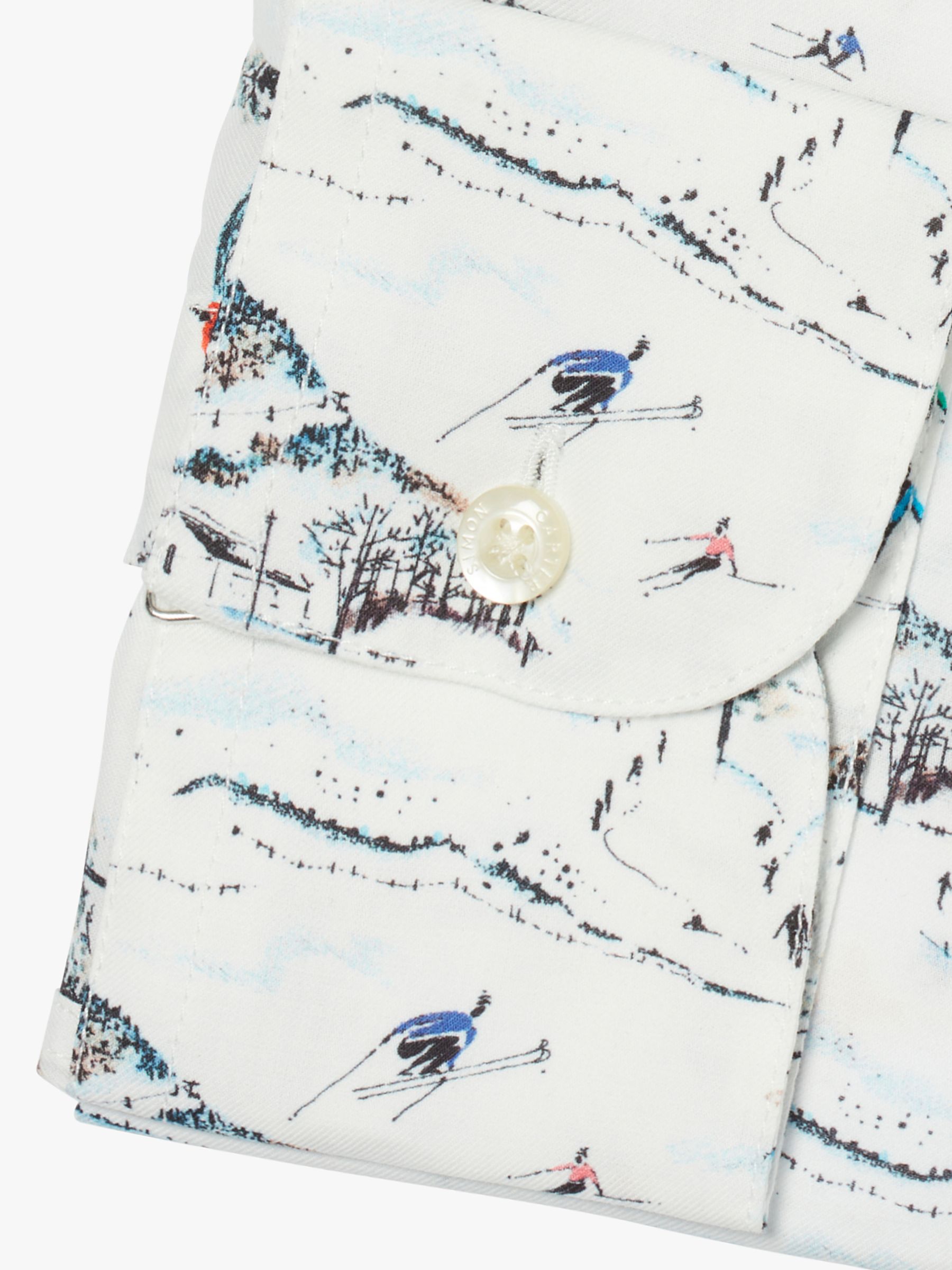 Simon Carter Skiing Print Long Sleeve Shirt, White/Multi, 17.5