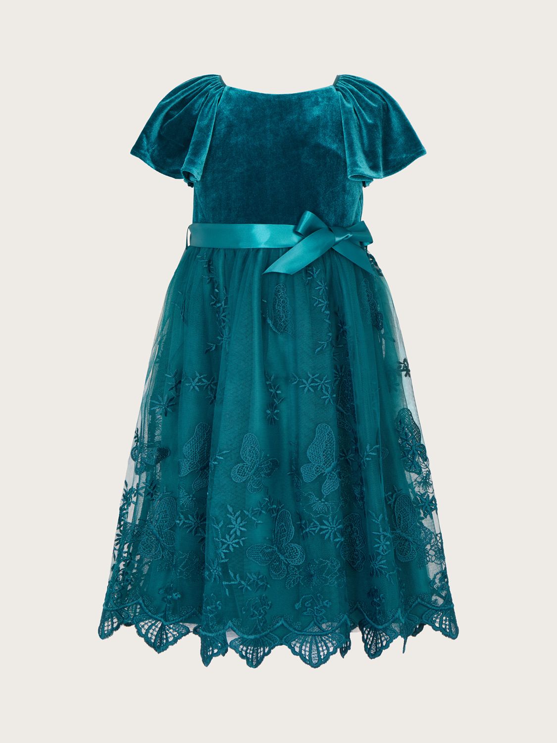 Monsoon Kids' May Velvet & Lace Butterfly Occasion Dress, Teal, 14-15 years