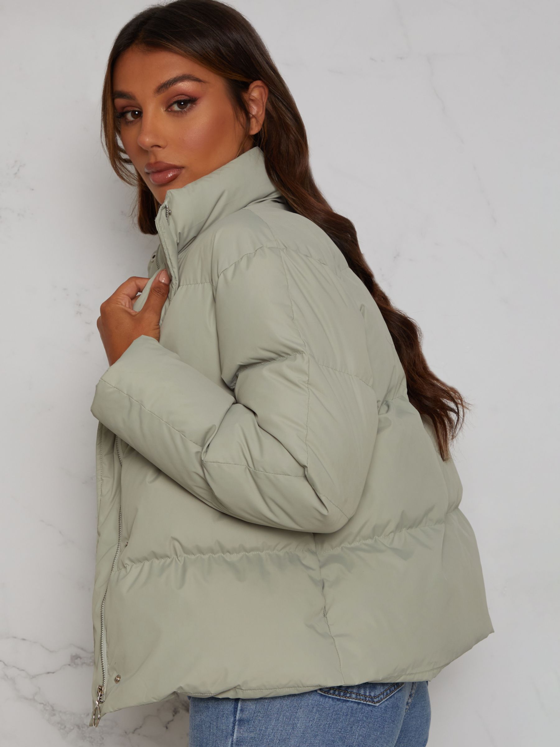Chi Chi London Cropped Padded Puffer Jacket, Green at John Lewis & Partners
