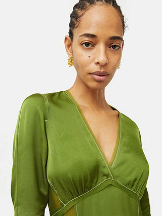 Jigsaw Contrast Stitch Sheer Panel Midi Dress, Green