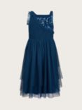 Monsoon Kids' Kylie Sequin Mesh One Shoulder Tiered Dress, Navy, Navy