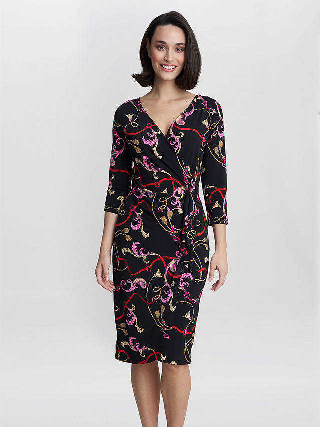 Gina Bacconi Alexandra Printed Jersey Ruffle Dress, Black/Multi