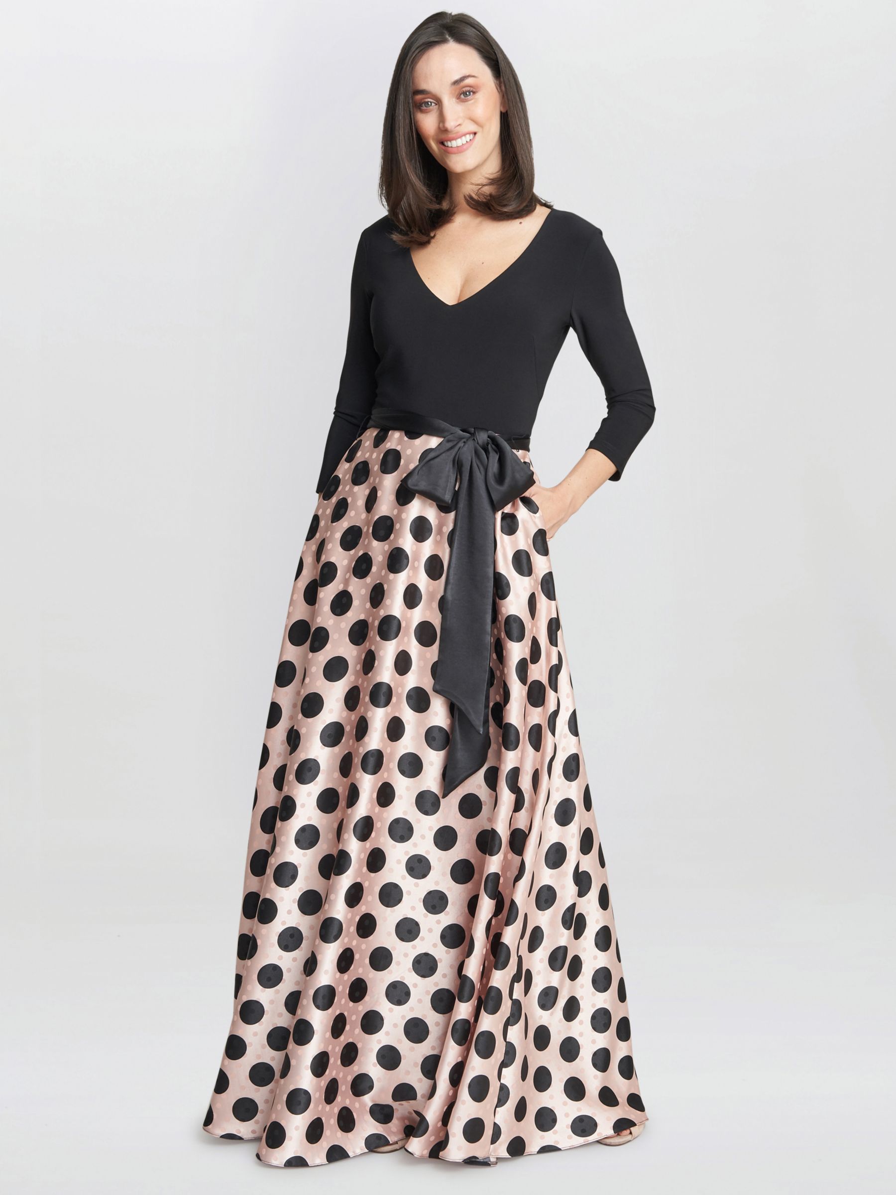 Gina Bacconi Esther Spot Print Satin and Jersey Maxi Dress, Pink/Black ...