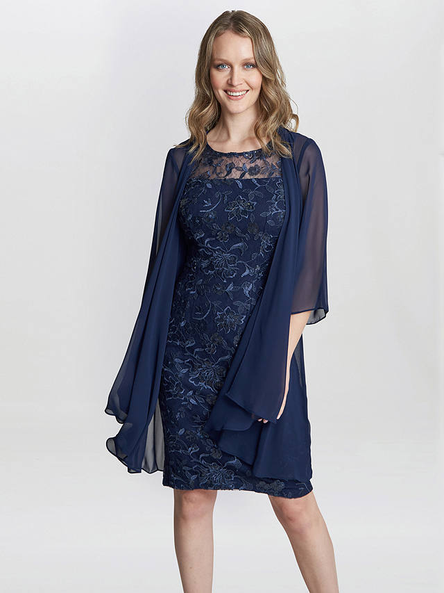 Gina Bacconi Hayley Embroidered Dress with Chiffon Jacket, Spring Navy