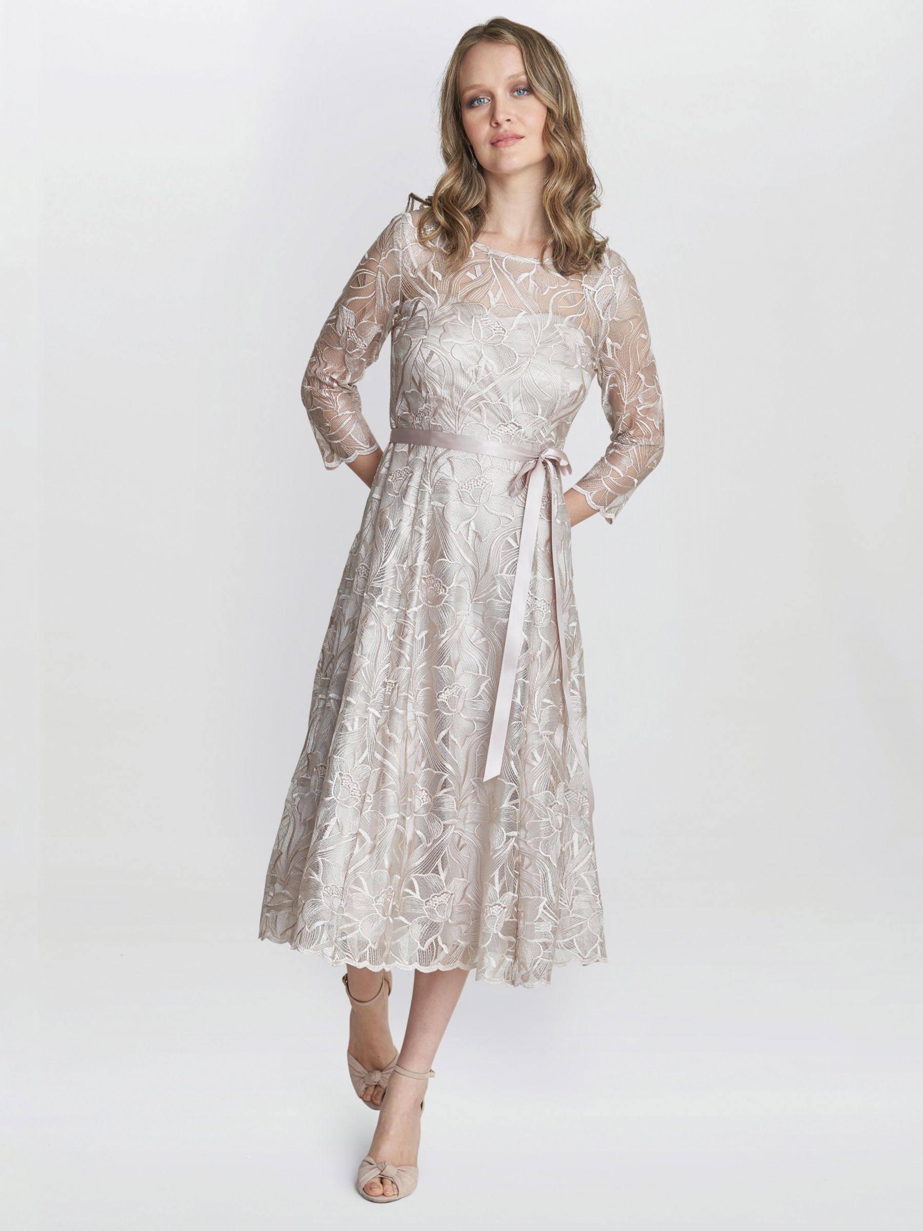 Buy Gina Bacconi Veronica Midi Embroidered Tulle Dress, Taupe Online at johnlewis.com