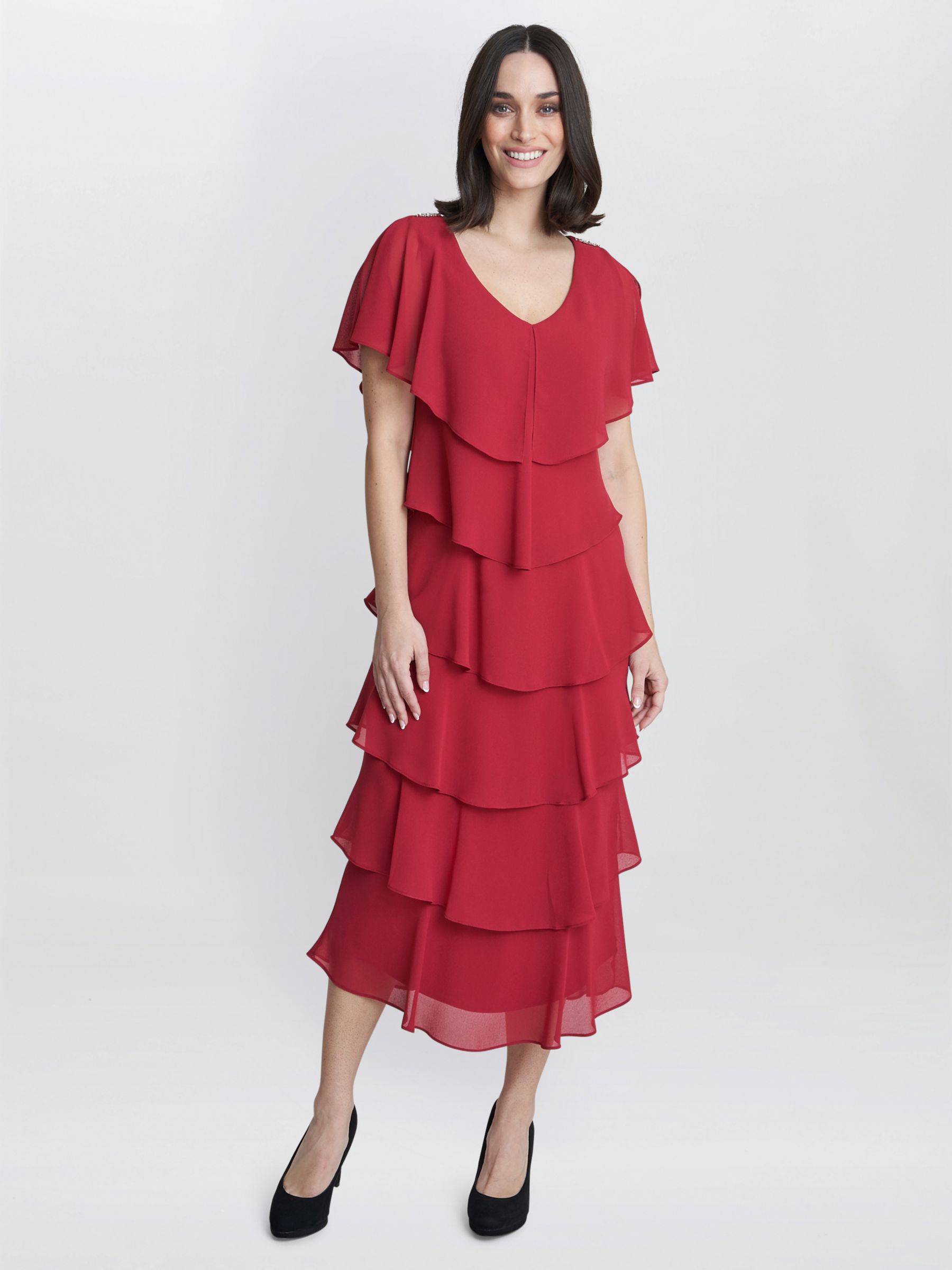 Gina Bacconi Rebecca Tiered Midi Dress, Red at John Lewis & Partners