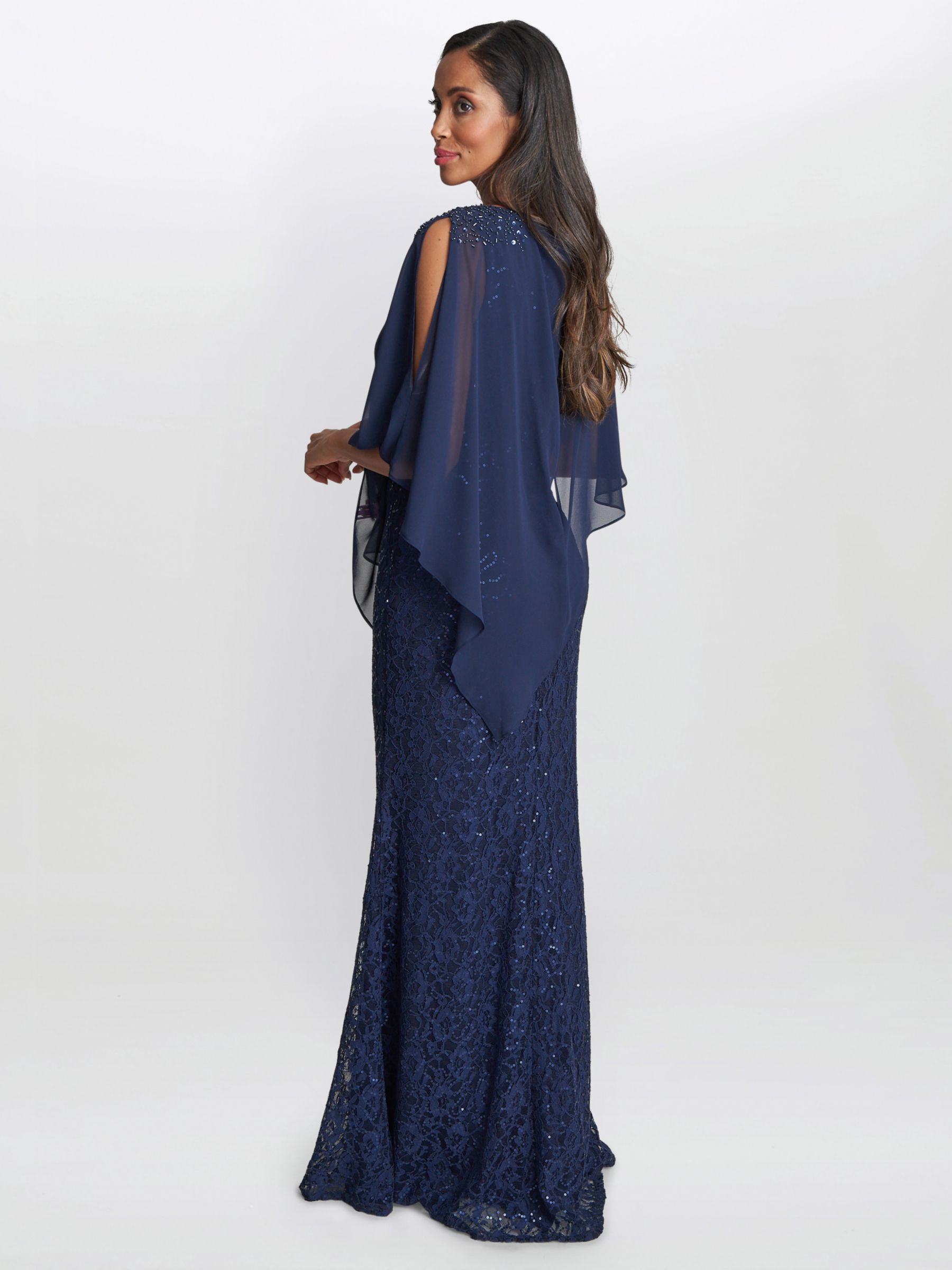 Gina Bacconi Ginger Sequin Lace Dress with Chiffon Cape, Spring Navy